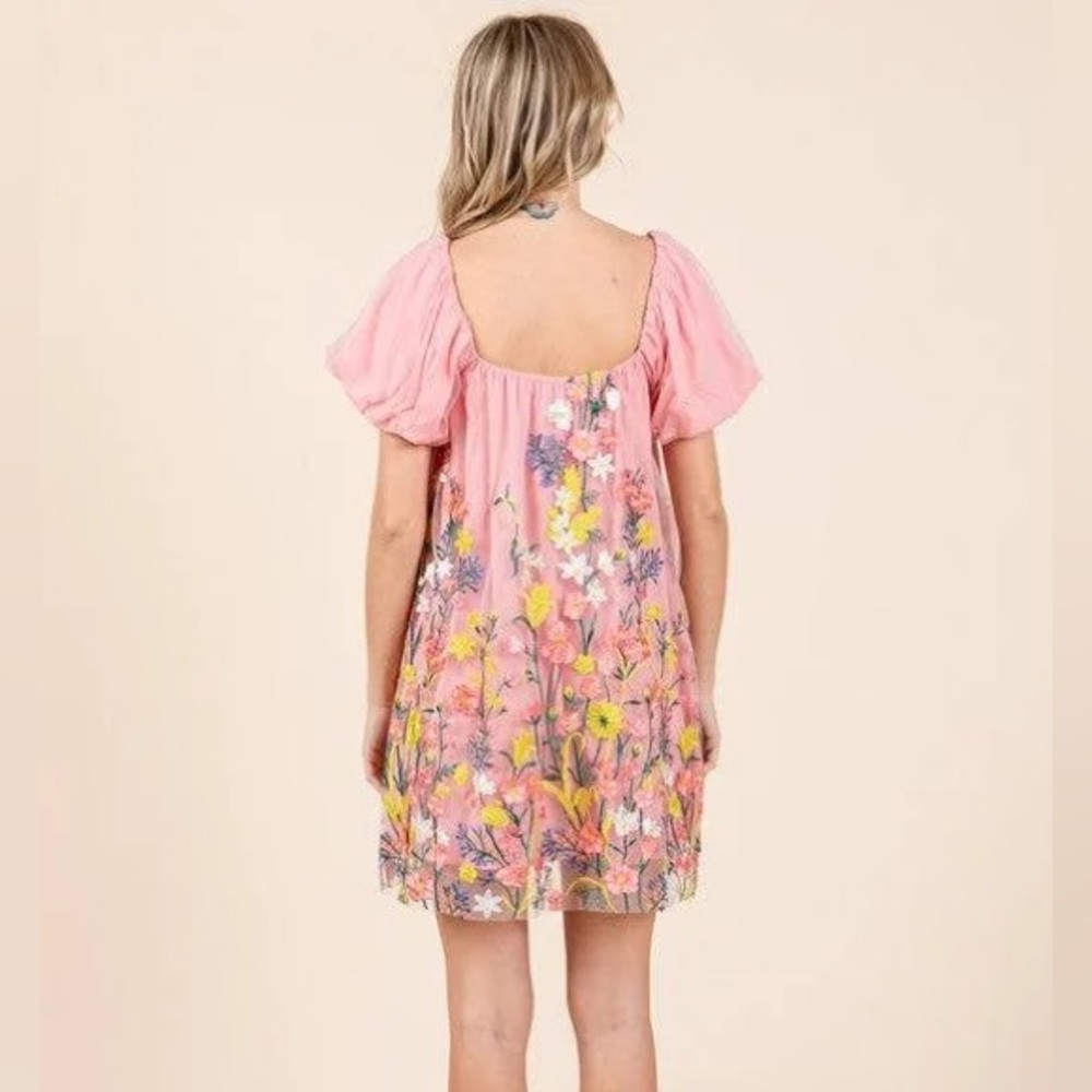 NWT GeeGee Floral Pink Puff Sleeve Dress - Picture 5 of 9